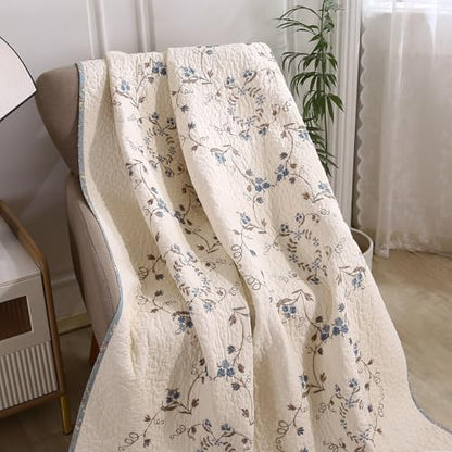 vctops 100% Cotton Quilted Throw Blanket 50x60 Inch Floral Embroidered Reversible Patchwork All Season Throw (Blue,50"x60") - color: Blue