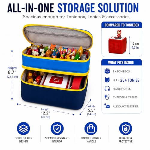 Bevegekos Carrying Storage Travel Bag for Toniebox 2 Starter Set, for 25+ Tonie Figures, Charging Station & Headphone, Case Only (Navy/Sky Blue, Large) - color: Navy/Sky Blue