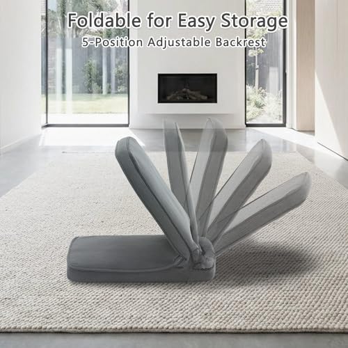 Floor Chair with Adjustable Back Support, Foldable Padded Gaming Floor Seat for Adults & Kids, Multi-Position Meditation Chair with Corduroy Cover for Reading, Gaming & Watching TV (Grey)