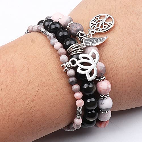 Tree of Life Yoga Healing Stone Bracelets,Multilayer Lotus Chakra Stone Reiki Bracelet Sets,Anxiety Crystal Natural Stone,for Women Stress Relief - style: pink zebra+golden obsidian