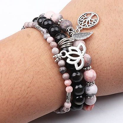 Tree of Life Yoga Healing Stone Bracelets,Multilayer Lotus Chakra Stone Reiki Bracelet Sets,Anxiety Crystal Natural Stone,for Women Stress Relief - style: pink zebra+golden obsidian