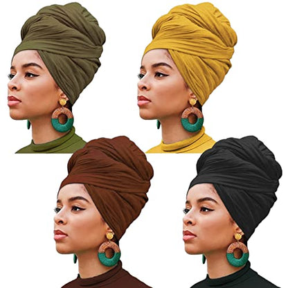 XTREND 4 Pieces Head Wraps for Women Stretchy Jersey Turban Fashion Headwrap Lightweight Breathable Hijab Hair Wraps Scarf Tie for Locs Braids (Black, Coffee, Army Green, Turmeric) - color: Black, Coffee, Army Green, Turmeric