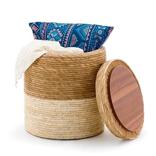 Round Pouf Ottomans, Handwoven Natural Water Hyacinth Seagrass Pouffe,Outdoor Rattan Stool Accent Seat, Bohemian Coastal Home Decor (Storage - 14inch Natural Cattail & White Corn Shell) - color: Storage - 14inch Natural Cattail & White Corn Shell
