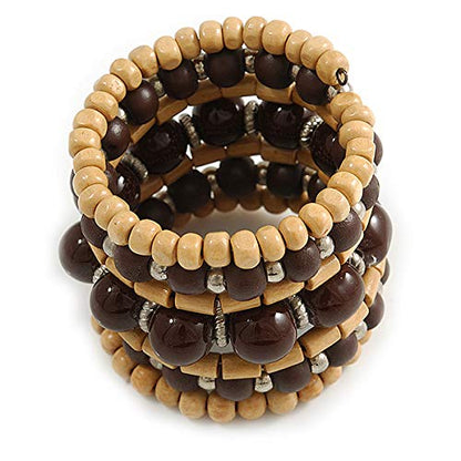 Avalaya Wide Coiled Ceramic, Acrylic, Wood Bead Bracelet (Brown, Natural) - Adjustable