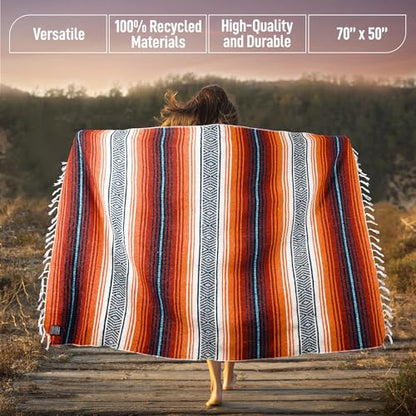 Authentic Large Handwoven Mexican Blanket - Soft Yoga- Durable Serape- Lightweight Falsa, Beach, Camping, Picnic, Outdoor Blanket 70"x50" - Orange Gold - color: Orange Gold