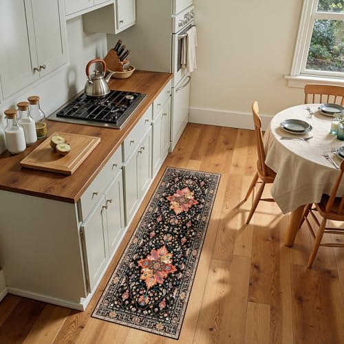 RELEANY Area Rugs Runner 2'x5' Washable Non-Slip, Floral Vintage Distress Medallion Carpet for Kitchen Hallway Bedroom Beside Laundry Room Bathroom, Black Colorful Floral Dark Tan - color: Black/Colorful, size: 2' X 5' (Runner)
