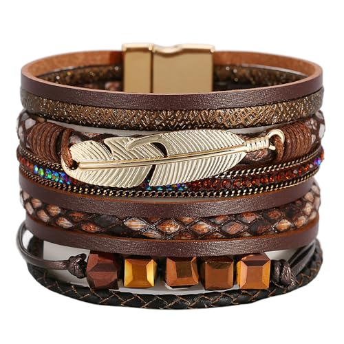 Fesciory Leopard Bracelet for Women, Boho Leather Wrap Multi-Layer Pearl Crystal Bracelet Bangle Jewelry - style: Cube(Brown)