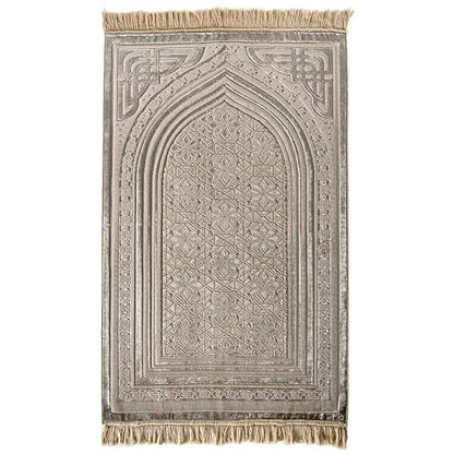 Modefa Luxury Velvet Prayer Rug with Prayer Beads | Soft Elegant Muslim Turkish Janamaz Sajada Carpet for Men and Women | Plain Solid Prayer Mat Ramadan Eid Gift - Najma (Mink) - color: Najma Mink