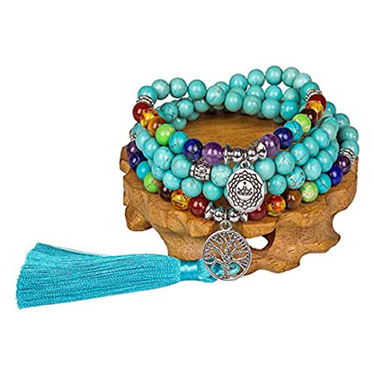 108 Mala Beads Necklace 7 Chakra Tree of Life Pendant Prayer Buddha Bracelets Healing Stone Yoga Men Women Jewelry - color: Rosary Prayer turquoise