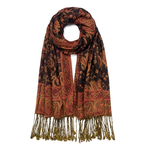 QIUTIMIY Paisley Pashmina Shawl Wrap Women Reversible Vintage Jacquard Pashmina Rave Scarf with Fringe for Evening, Wedding - color: Flower1-black Red