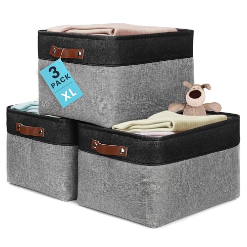 OrganiHaus 16x12.5in Canvas Storage Baskets 3 Pack | EXTRA LARGE Fabric Bins for Shelves | Linen Closet Organizer | Gray/Black - color: Gray / Black, size: Extra Large - 3pc