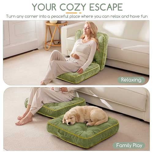 HIGOGOGO Large Floor Pillow Cushion for Adults, Meditation Cushion Pillow with Handle, Lustrous Chenille Tufted, Square Floor Sitting for Tatami Living Room or Yoga, 22x22 Inch, Green