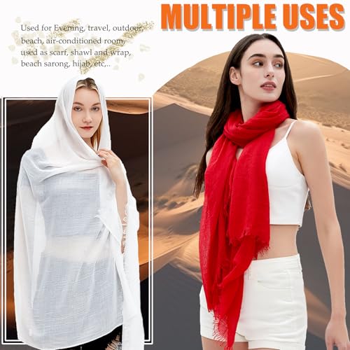 Women Summer Scarfs Lightweight Large Long Gauze Shawl Linen Beach Wrap Plain 75”×43” - color: Red