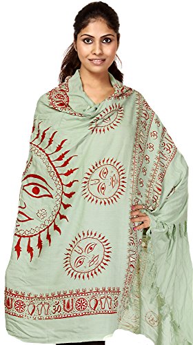 Exotic India Green Sanatana Dharma Prayer Shawl with Large Printed Surya (Sun) G
