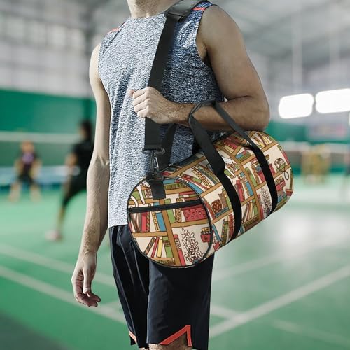 Sleeping Cat Library Bookshelf Cylindrical Portable Fitness Bag, Large Capacity Handbag - color: sleeping cat library bookshelf