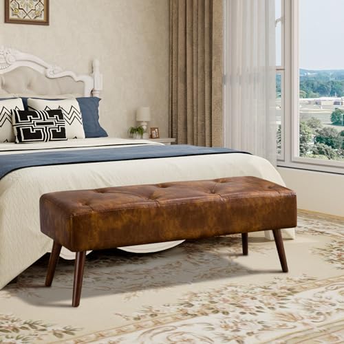 Furnimart Faux Leather Bench Ottoman, Tufted Button Bedroom Benches Footrest Stool in Solid Wood Legs, Long and Dining Bench, Indoor Bench for Entryway Living Room Bedroom (Leather-DustYellow) - color: Leather-dustyellow