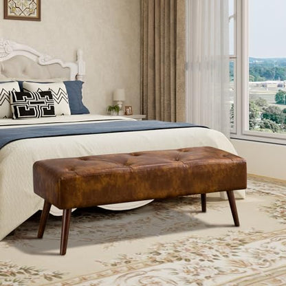 Furnimart Faux Leather Bench Ottoman, Tufted Button Bedroom Benches Footrest Stool in Solid Wood Legs, Long and Dining Bench, Indoor Bench for Entryway Living Room Bedroom (Leather-DustYellow) - color: Leather-dustyellow