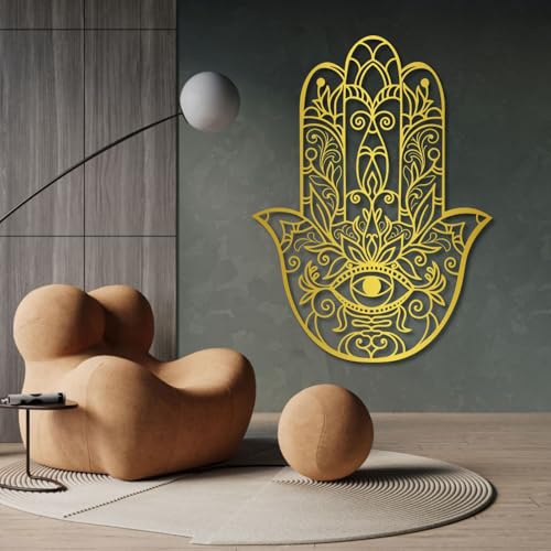 Hamsa Hand Metal Wall Decor, Sacred Geometry Metal Wall Art, Hamsa Wall Art, Zen Wall Decor for Living Room, Bedroom, Yoga Room, Meditation Space (Gold,19" H x 14" W / 47 x 35 cm) - color: Gold, size: 19"H x 14"W / 47 x 35 cm
