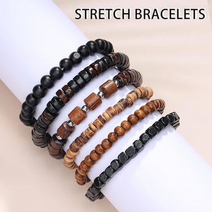 MILAKOO Mens Beaded Bracelets Tribal Wooden Elastic Adjustable Prayer Beads Wrap Cuff for Women - color: T: 6pcs