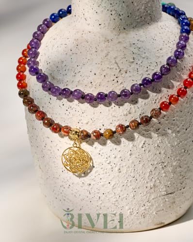 Bivei 7 Chakra 108 Mala Beads Bracelet Real Gemstone Yoga Meditation Hand Knotted Mala Prayer Bead Necklace - size: 6mm, style: Round Lotus OM - 7 Chakras