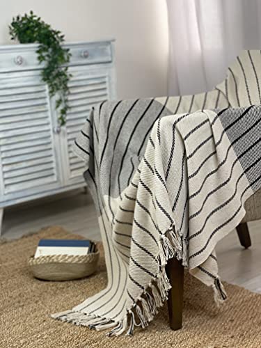 Black and Ivory Oslo Throw with Fringes, 50 x 60 Inch, Perfect Scandinavian Throw Blanket for Couch, Bed, Camping, Beach & Everyday use - color: Ivory-black