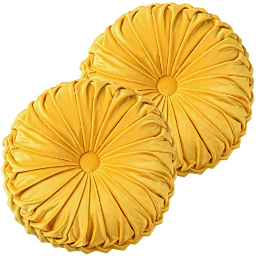 HIG Set of 2 Yellow Ruched Velvet Round Throw Pillows – 14.5’’ Decorative Pillows with Soft Polyester Filling for Couch, Bed, Living Room, Bedroom, or Dorm – Handmade, Stress Relieving, All-Season - color: R-yellow