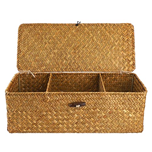 Hipiwe Seagrass Storage Basket Bin with Lid Rectangular Woven Shelf Baskets for Closets Pantry Bathroom Kitchen Shelf Organizing, Caramel,14.2" x 6.3''x 4.7'' - color: Caramel, size: Medium