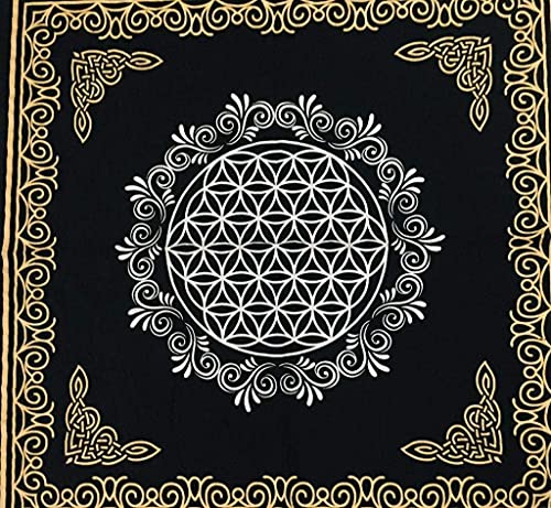 INDACORIFY Flower of Life Altar Table Top Cloth with Fringes Alter Tarot Witchcraft Spread Spiritual Sacred Cloth 18x18 in (Gold & Silver Flower of Life) - color: Gold & Silver Flower of Life
