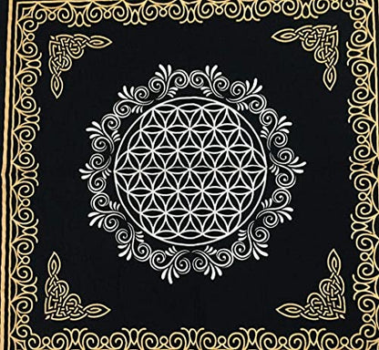 INDACORIFY Flower of Life Altar Table Top Cloth with Fringes Alter Tarot Witchcraft Spread Spiritual Sacred Cloth 18x18 in (Gold & Silver Flower of Life) - color: Gold & Silver Flower of Life