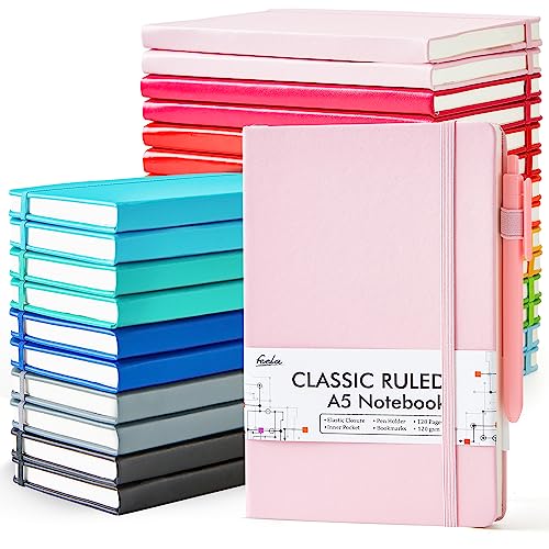 feela 24 Pack Journal Notebook Bulk for Work, Business Notebook Hardcover Lined Writing Journal with Pen Holder for Students Women Note Taking, with 24 Black Pens, 120 GSM, 5.1”x8.3”, A5, Solid Colors - color: 12 Solid Colors