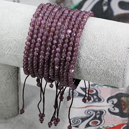 Keleny Natural Gemtones 4mm Round Beads Crystal Adjustable Braided Macrame Tassels Bracelets Unisex - color: Purple Lepidolite Lithium Mica