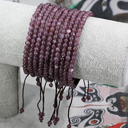 Keleny Natural Gemtones 4mm Round Beads Crystal Adjustable Braided Macrame Tassels Bracelets Unisex - color: Purple Lepidolite Lithium Mica