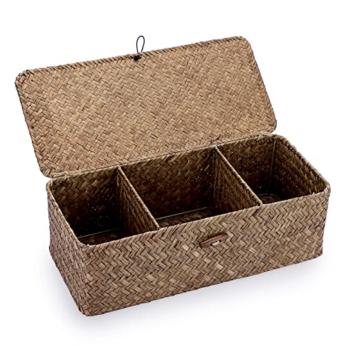 Hipiwe Storage Basket with Lid Toilet Tank Basket Holder Handwoven Wicker Basket Home Organizer Bin for Shelves Bathroom Closets Kitchen, Coffee - color: Coffee, size: Medium