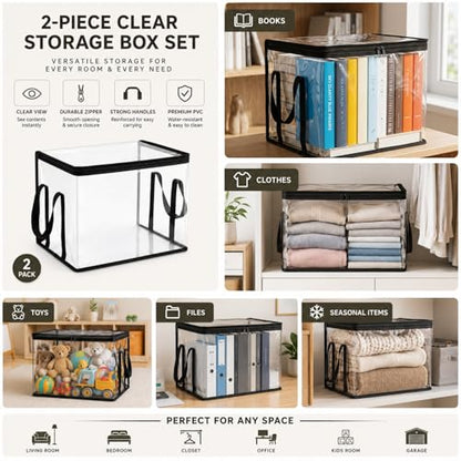 2 PCS Large Storage Transparent Box - Duty Space-180° Flip Cover Heavy, Saving Organizer for Books/Clothes/Documents (Black) - color: Black
