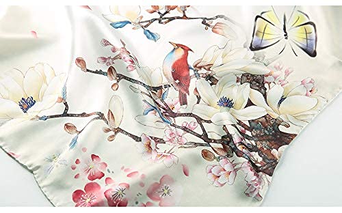 100% Mulberry Silk Long Scarf for Women Large Shawls for Headscarf and Neck- Oblong Hair Wraps with Gift Packed - color: Beige-flower&birds