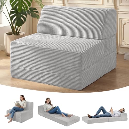 Kasunpul Folding Sofa Bed with Pillow, Memory Foam Fold Out Chair Bed, Convertible Sleeper Chair with Washable Cover, Futon Floor Couch for Living Room/Dorm/Guest Use/Home Office/Apartment, Light Grey - color: Light Grey