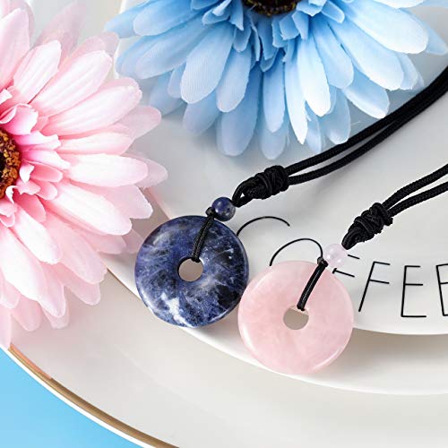 Jovivi 30mm Circle Donut Healing Crystals Necklace Natural Semi-Precious Chakra Gemstone Stone Amulet Lucky Coin Donuts Charm Protection Quartz Reiki Pendant Necklace for Men Women Adjustable Rope - color: 2pcs(Rose Quartz+Sodalite)