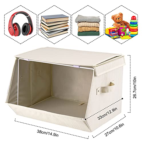 Set of 2 Stackable storage bins,Linen Fabric Foldable Storage Organizer Cubes Box whits Lids and Own-Handle Storage Organizer Bins for Home Office Nursery Living Room Beige 15x10.5 x10inch