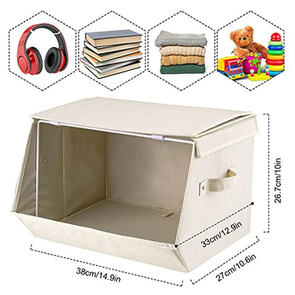 Set of 2 Stackable storage bins,Linen Fabric Foldable Storage Organizer Cubes Box whits Lids and Own-Handle Storage Organizer Bins for Home Office Nursery Living Room Beige 15x10.5 x10inch