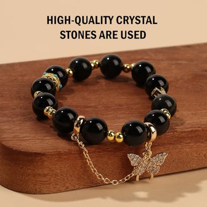 Natural Bead Bracelet 10mm Healing Crystal Bracelet for Women & Men Feng Shui Good Luck Meditation Buddhist Jewelry Handmade Stone Beaded Jewelry for Gift - color: Obsidian