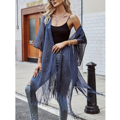 Sparkle Metallic Evening Shawls for Women formal Party Dresses Beach Travel Cardigan Shawl Wrap for Swimsuit - color: L-navy Blue