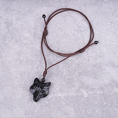 Black Obsidian Necklace Natural Crystal Amulet Protection Pendant with Adjustable Rope Lucky Talisman Necklaces Jewelry Gift for Men Women - color: Wolf Head