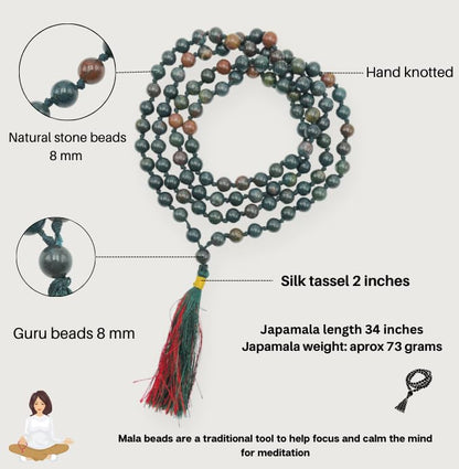 GEMSCITE Japa Mala 108 Prayer Beads Perfect for Meditation Spiritual Mala Necklace & Wrist Mala Bracelet - color: Bloodstone, size: Hand Knotted