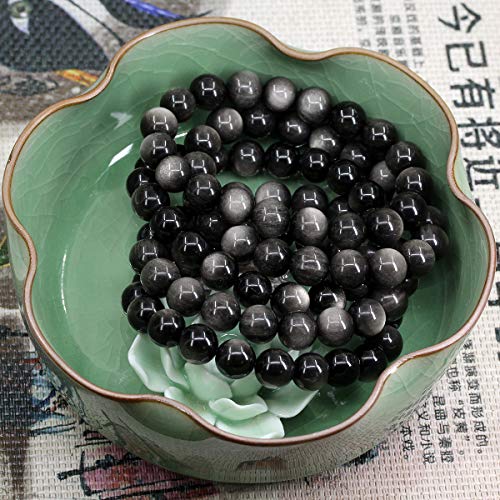 Keleny Fashion Crystal Man Women Stretch Bracelet 10mm Round Beads Rock Jasper 7 Inch Unisex - color: AA Grade Silvery Obsidian