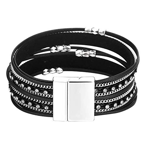 Fesciory Leather Wrap Bracelets for Women, Boho Leopard Multi-Layer Crystal Beads Cuff Bracelet Jewelry - color: B28:Short Black