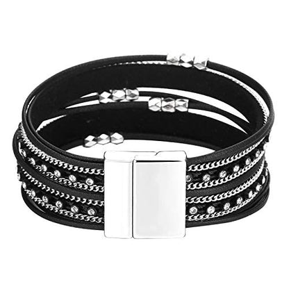 Fesciory Leather Wrap Bracelets for Women, Boho Leopard Multi-Layer Crystal Beads Cuff Bracelet Jewelry - color: B28:Short Black