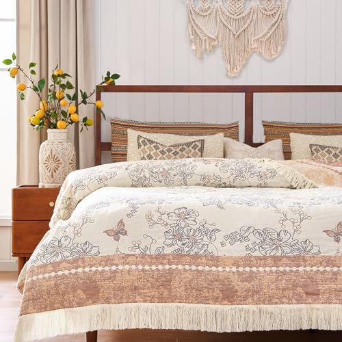 JINCHAN Boho Floral 100% Cotton Blanket 4-Layer Throw Blanket with Tassel Taupe and White Flower Butterfly Soft Luxury Rustic Farmhouse Decor Blanket for Couch Bed 80x90 inch All Season gift for women - color: Butterfly Taupe and White, size: 80"x90"