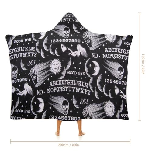 Skull Moon Sun Gothic Witch Board Seamless Black Large Size Comfortable Hooded Blanket, Warm Blanket 60"x80" - color: Skull Moon Sun Gothic Witch Board Seamless Bl, size: 60"x80"