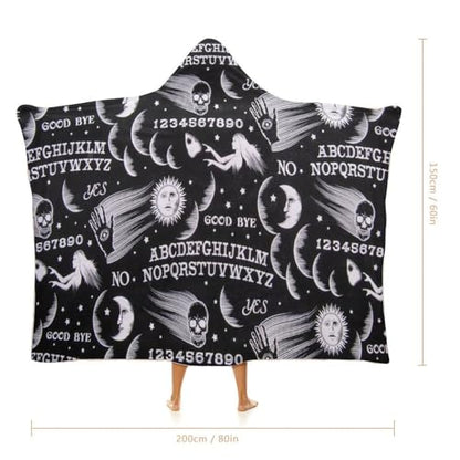 Skull Moon Sun Gothic Witch Board Seamless Black Large Size Comfortable Hooded Blanket, Warm Blanket 60"x80" - color: Skull Moon Sun Gothic Witch Board Seamless Bl, size: 60"x80"