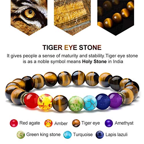 GelConnie Lava Rock Chakra Bracelet 7 Chakra 8mm Natural Stone Healing Bracelet Stress Relief Yoga Beads Anxiety Bracelet Aromatherapy Essential Oil Diffuser Bracelet Bangle - color: B-Tiger Eye Elastic